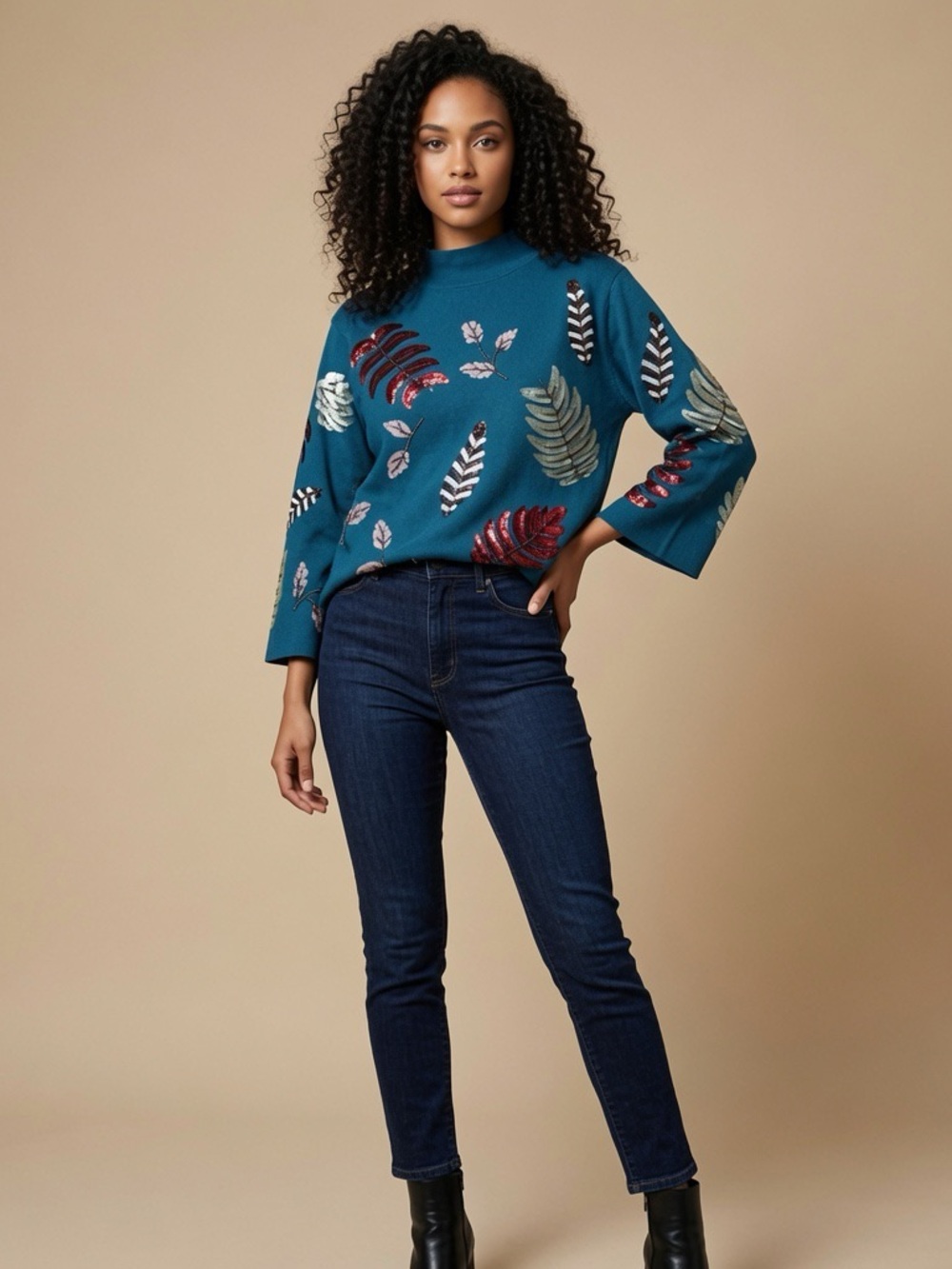 Fate Teal Sequined Leaf Mock Neck Sweatshirt